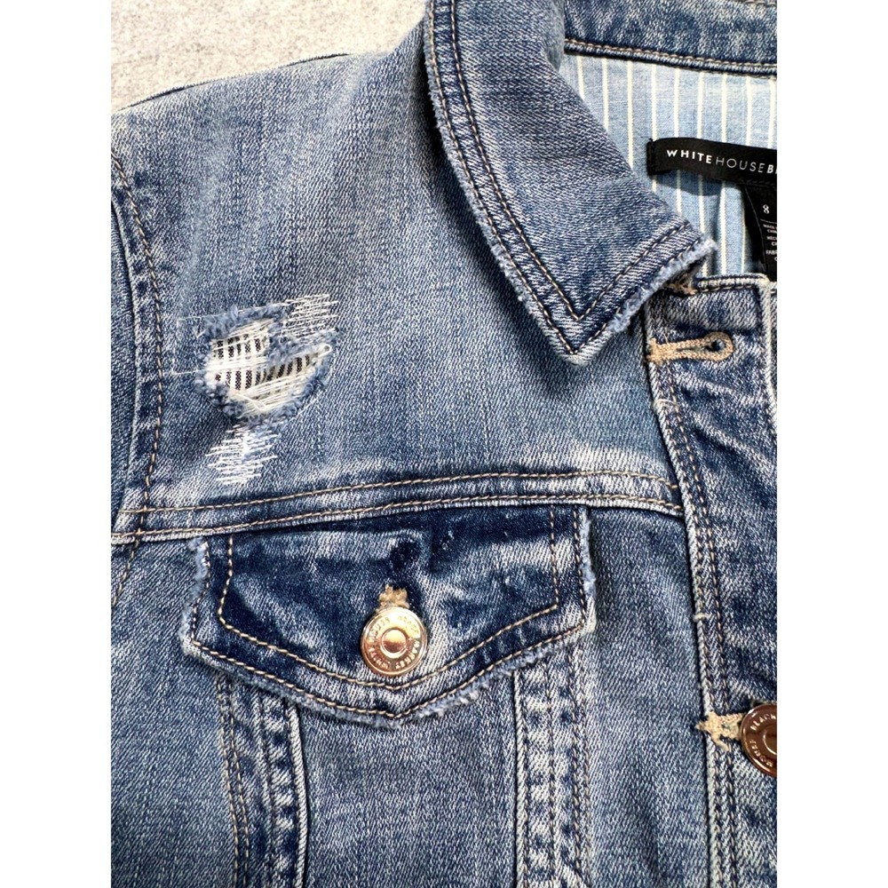 White House Black Market Distressed Denim Jacket Womens Sz 8 Stretch Jean Jacket - Picture 4 of 12